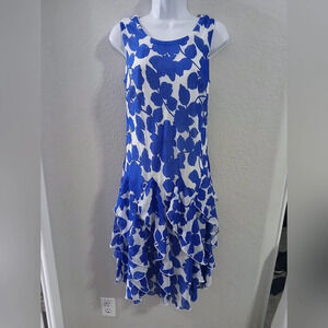💚5/$25 Chadwick's Of Boston Blue & White Floral Print Midi Ruffled Dress Size 6